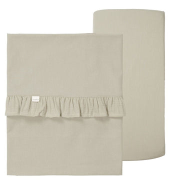 Set | Laken Ledikant + Hoeslaken Ledikant Ruffle Faro Warm White Sage