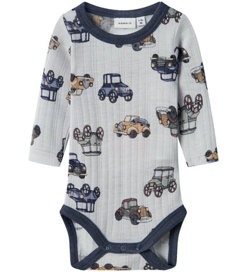 Name It Romper l/s - Wol - Noos - NmmWang - Grijs Dawn m. Auto's - Name It - 2 jaar (92) - Rompers Lange Mouw