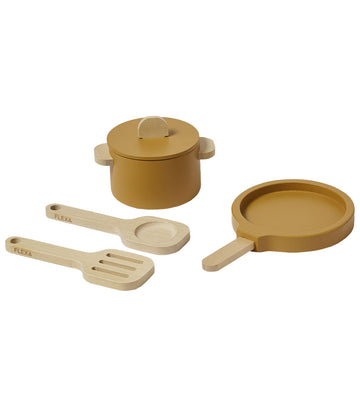 Flexa Play Keukenset - Pot en pan - Mustard/Natuurlijk hout - Flexa - OneSize - Speelkeukens