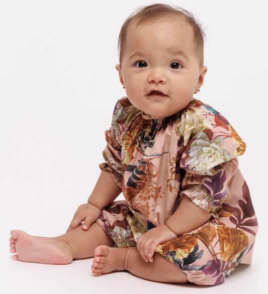 Christina Rohde Romper l/s - Dusty Roze m. Bloemen - Christina Rohde - 1 jaar (80) - Rompers Lange Mouw