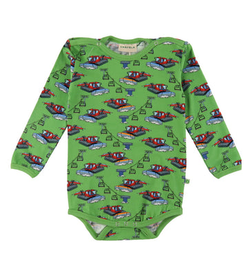 Småfolk Romper l/s - Moss Green m. Piste machine - Småfolk - 80 - Rompers Lange Mouw