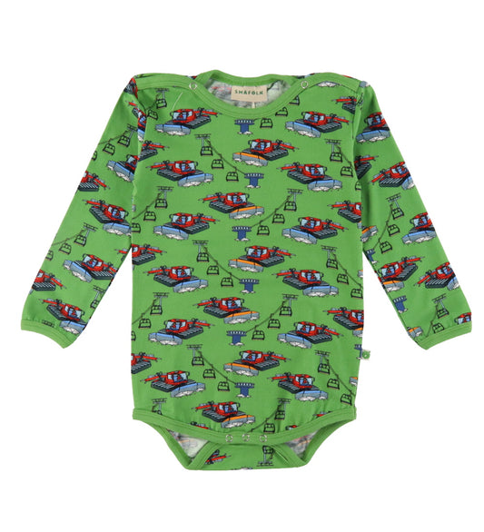 Småfolk Romper l/s - Moss Green m. Piste machine - Småfolk - 80 - Rompers Lange Mouw