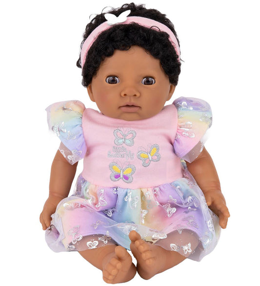 Tiny Treasures Pop m. Zwart krullend haar - Vlinderdas/Rainbow - Tiny Treasures - OneSize - Poppen