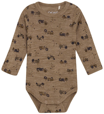 CeLaVi Romper l/s - Wol - Cacao Crème m. Tractors - CeLaVi - 100 - Rompers Lange Mouw