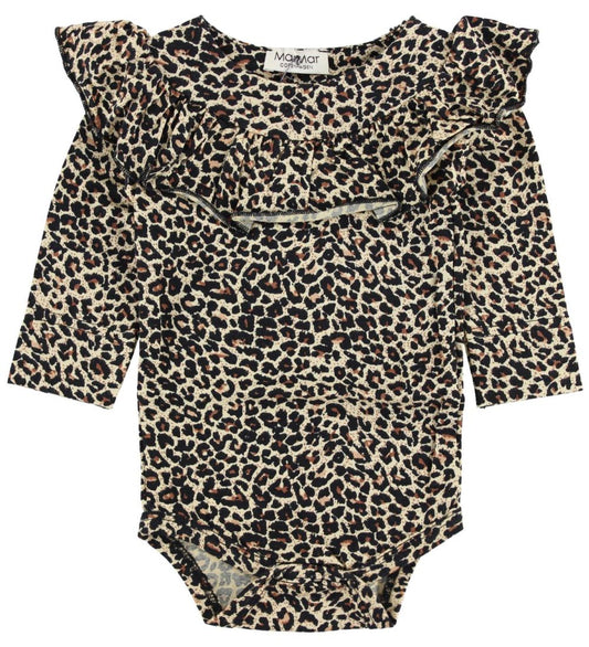 MarMar Romper - l/s - Bibbi - Bruin Luipaardprint m. Ruche - MarMar - 74 - Rompers Lange Mouw