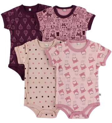 Pippi Rompers s/s - 4-pack - Roze/Paars m. Patroon - Pippi Baby - 1 jaar (80) - Rompers Korte Mouw