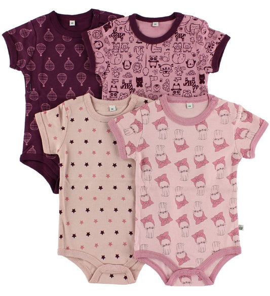 Pippi Rompers s/s - 4-pack - Roze/Paars m. Patroon - Pippi Baby - 1 jaar (80) - Rompers Korte Mouw