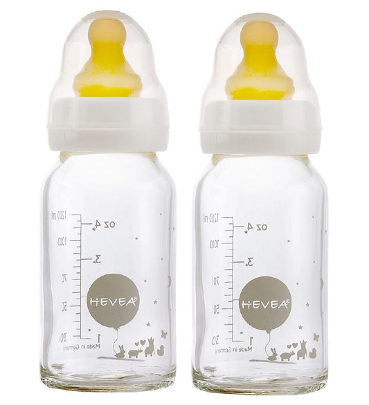 Hevea Babyflessen - 2-pack - Glas & Natuurlijk Rubber - Wit - Hevea - 0-3 mnd - Babyflesjes