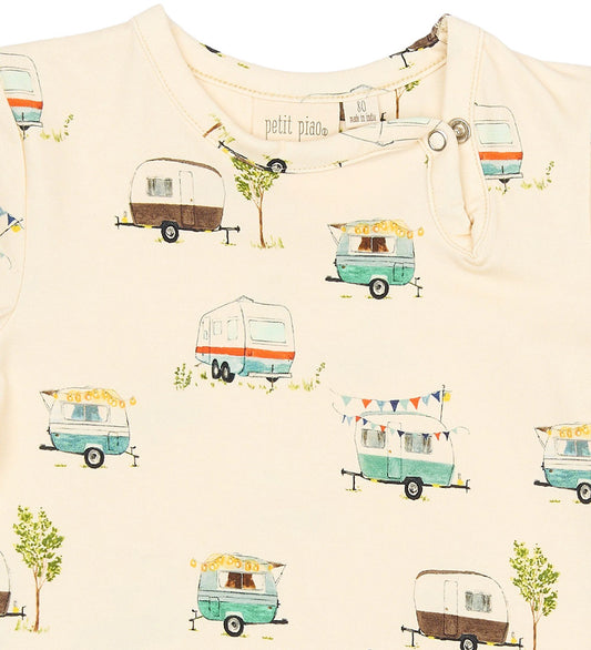 Petit Piao Romper s/s - PpSun - Eggnog Camper - Petit Piao - 1 jaar (80) - Rompers Korte Mouw