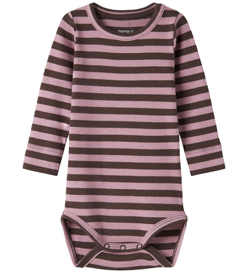 Name It Romper l/s - Rib - Noos - NbnBanio - French Roast/Purple - Name It - 50 - Rompers Lange Mouw