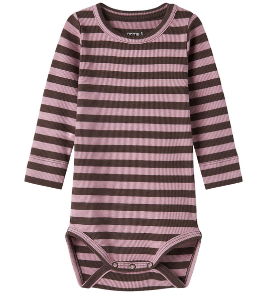 Name It Romper l/s - Rib - Noos - NbnBanio - French Roast/Purple - Name It - 50 - Rompers Lange Mouw