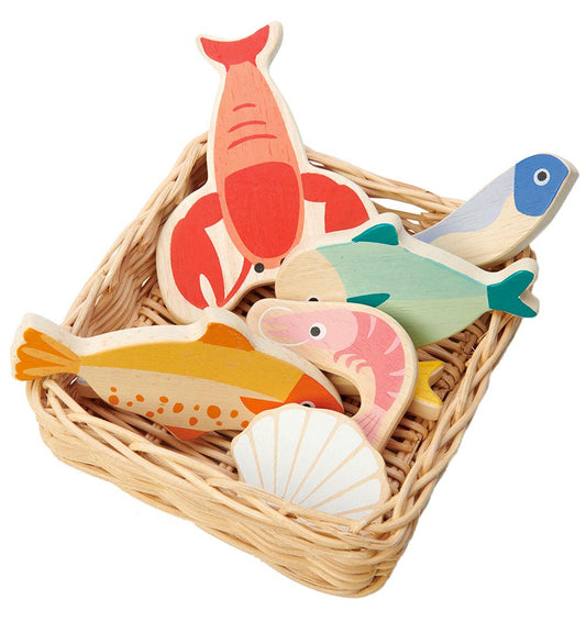 Mals Leaf Houten Speelgoed - Mand Met Vis & Zeevruchten - Tender Leaf - OneSize - Speelgoedeten