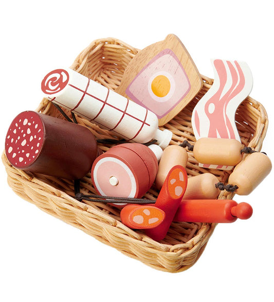 Tender Leaf Houten Speelgoed - Mand Met producten van de slager - Tender Leaf - OneSize - Speelgoedeten