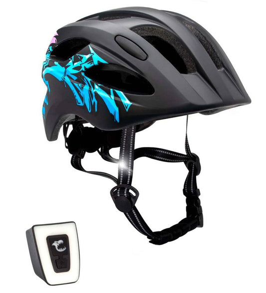Crazy Safety Fietshelm m. Licht - Graffiti - Zwart/Blauw - Crazy Safety - 54-59 cm - Fietshelmen