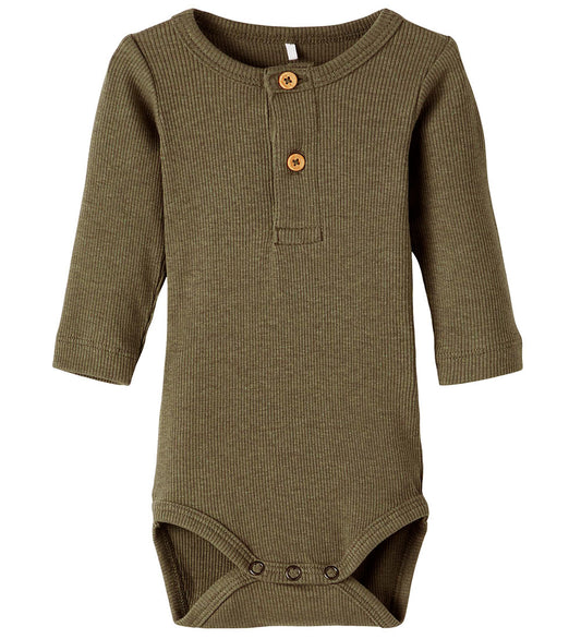 Name It Romper l/s - Noos - Rib - NbmKab - Dusty Olive - Name It - 56 - Rompers Lange Mouw