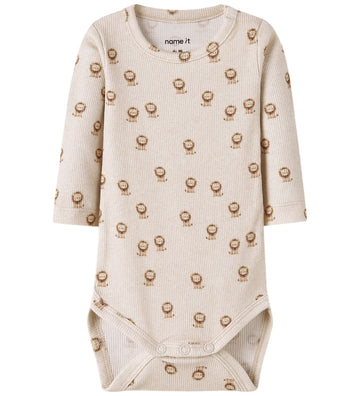Name It Romper l/s - Rib - Katoen/Modaal - NbmHobit - Peyote Mel - Name It - 1 jaar (80) - Rompers Lange Mouw