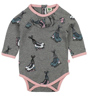 Småfolk Romper l/s - Grijs Gevlekt m. Schaatsen - Småfolk - 62 - Rompers Lange Mouw