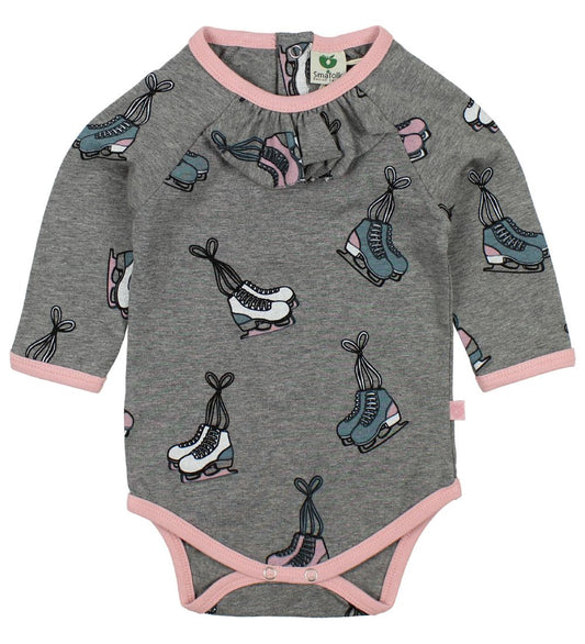 Småfolk Romper l/s - Grijs Gevlekt m. Schaatsen - Småfolk - 62 - Rompers Lange Mouw