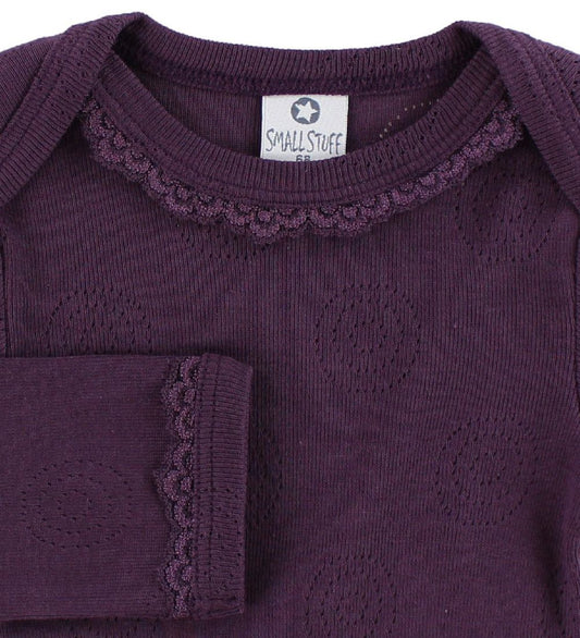 Smallstuff Romper l/s - Pruim m. Pointelle/Veter - Smallstuff - 62 - Rompers Lange Mouw