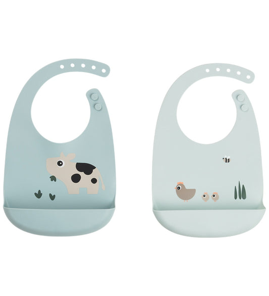 Done by Deer Slabbetjes - Silicone - 2-pack - Tiny Farm - Blue - Done by Deer - OneSize - Slabbetjes