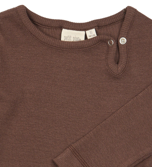 Petit Piao Romper l/s - Rib - Katoen/Modaal - PpStone - Chestnut - Petit Piao - 56 - Rompers Lange Mouw
