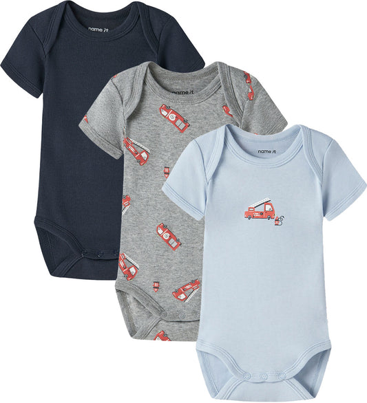 Name It Rompers s/s - Noos - NbfBody - 3-pack - Grey Melange/W/C - Name It - 68 - Rompers Korte Mouw