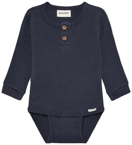 Minymo Romper l/s - Rib - Odyssey Gray - Minymo - 1 jaar (80) - Rompers Lange Mouw