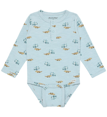 Minymo Romper l/s - Niagara Mist m. Dier - Minymo - 1 jaar (80) - Rompers Lange Mouw