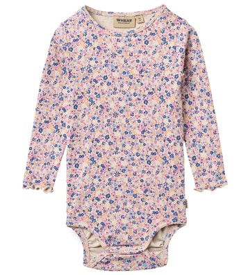 Wheat Romper l/s - Rib - Rie - Roze Blue Bloemen - Wheat - 68 - Rompers Lange Mouw