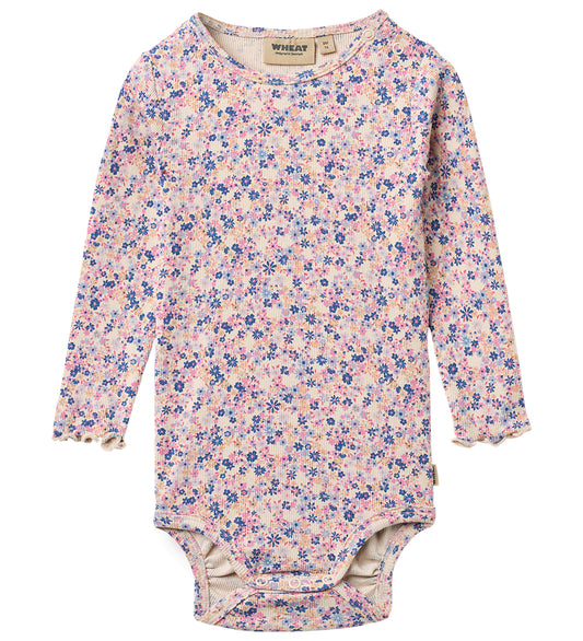 Wheat Romper l/s - Rib - Rie - Roze Blue Bloemen - Wheat - 68 - Rompers Lange Mouw