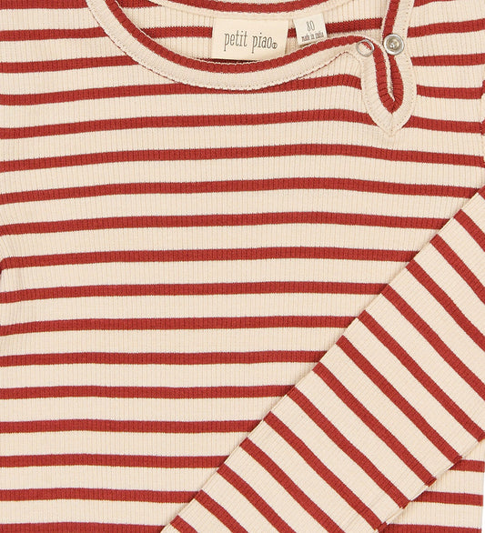 Petit Piao Romper l/s - Rib/Modaal - PPSky - Cinnabar Striped - Petit Piao - 2 jaar (92) - Rompers Lange Mouw