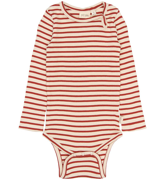 Petit Piao Romper l/s - Rib/Modaal - PPSky - Cinnabar Striped - Petit Piao - 2 jaar (92) - Rompers Lange Mouw