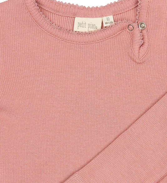 Petit Piao Romper l/s - Rib/Modaal - PPSea - Dusty Rose - Petit Piao - 74 - Rompers Lange Mouw