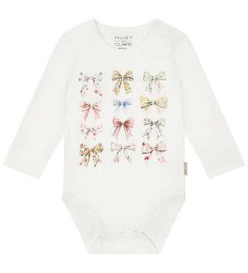 Hust and Claire Romper l/s - HCBritt Bow - Ivory m. Bows - Hust and Claire - 1 jaar (80) - Rompers Lange Mouw