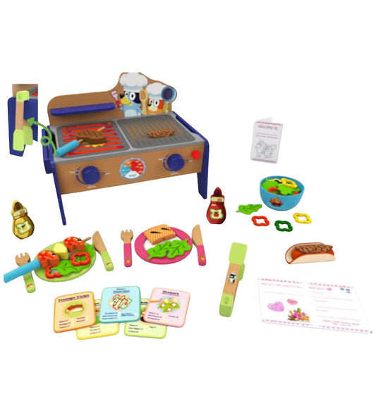 Bluey Speelset - Grilltafel BBQ & Salade - Hout - 34 Onderdelen - Bluey - OneSize - Speelgoedeten